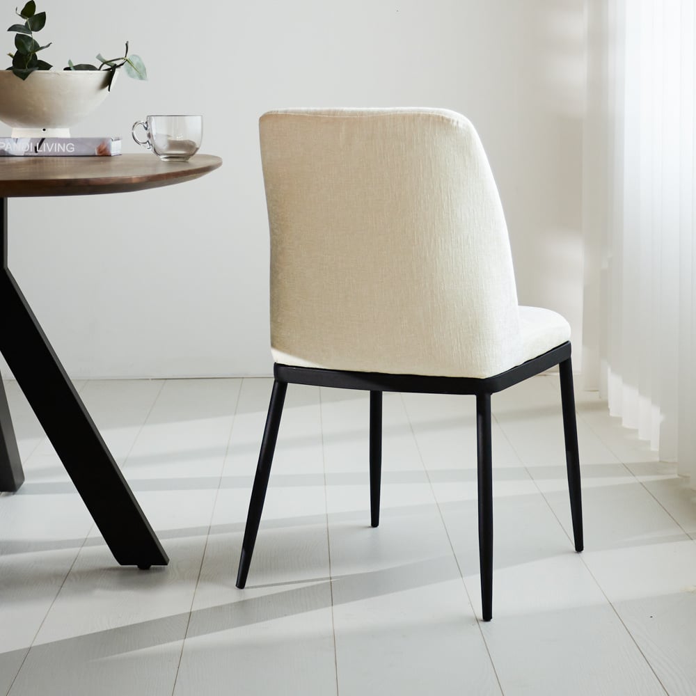 Dining room chair Noli Chenille Dimehouse White LxWxH 73x65x53 Fabric Atmospheric photo diagonal rear view