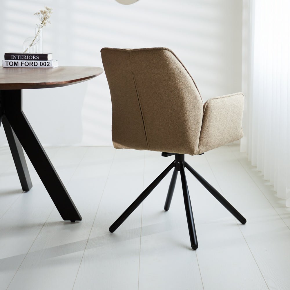 Dining room chair Novan bouclé Dimehouse Taupe LxWxH 67x59x57 Fabric Atmospheric photo diagonal rear view