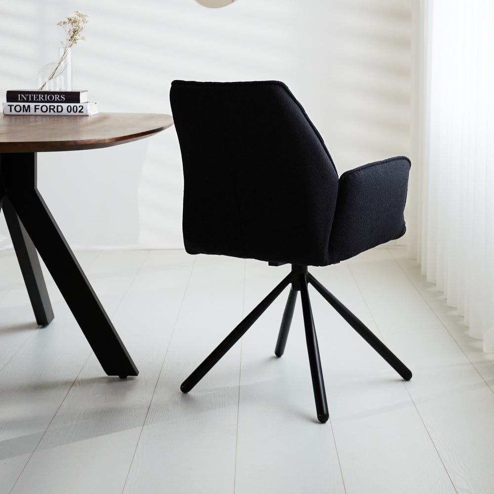 Dining room chair Novan bouclé Dimehouse Black LxWxH 67x59x57 Fabric Atmospheric photo diagonal rear view