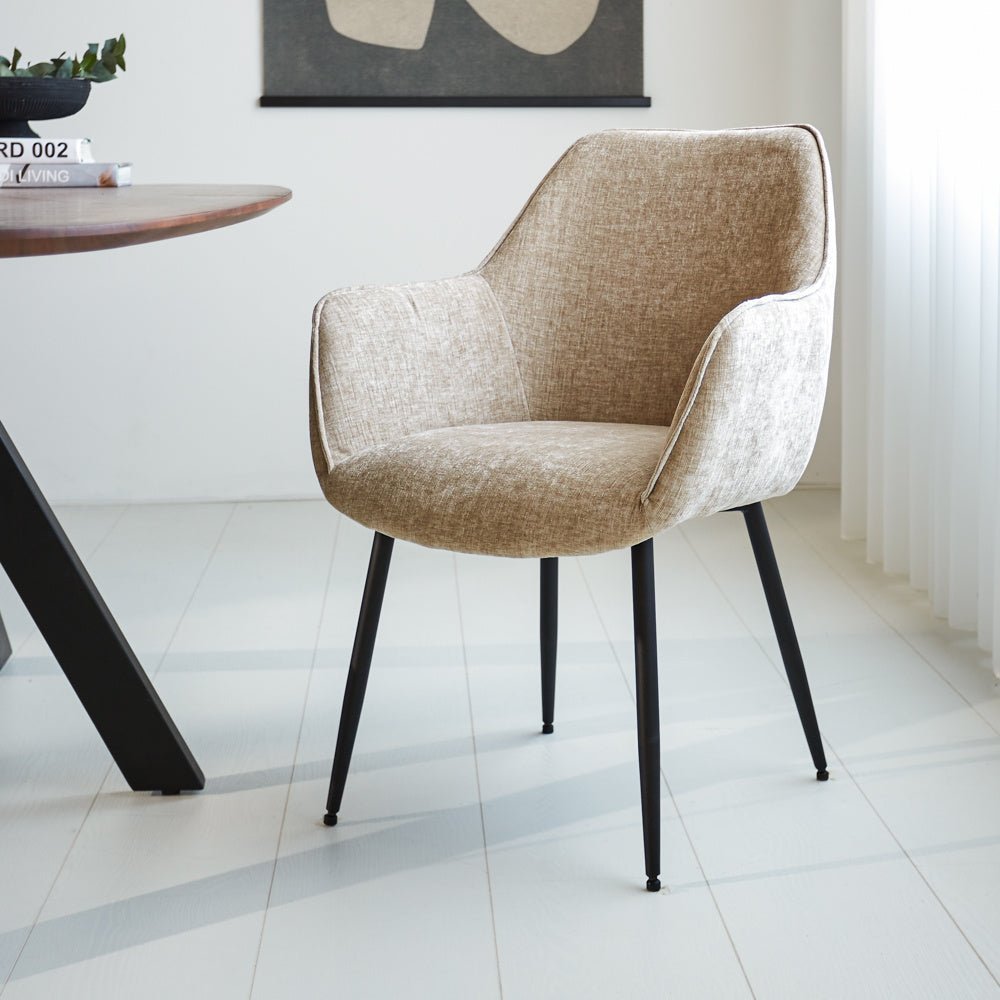 Dining room chair Sev Dimehouse Beige LxWxH 68x62x61 Fabric Atmospheric photo diagonal front view