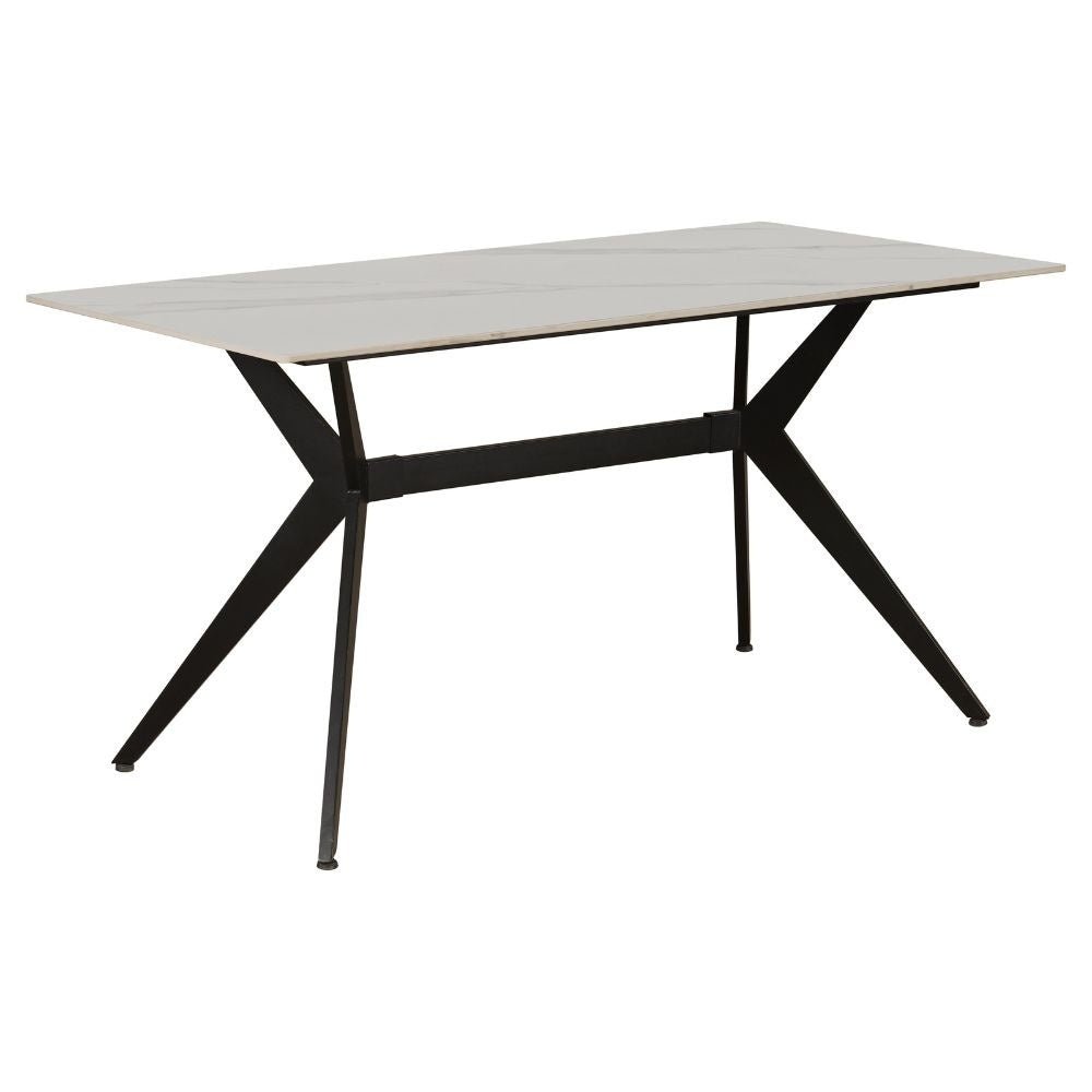 Dining table Grace White Dimehouse White LxWxH 160x94x13 Sintered stone Atmospheric photo diagonal front view