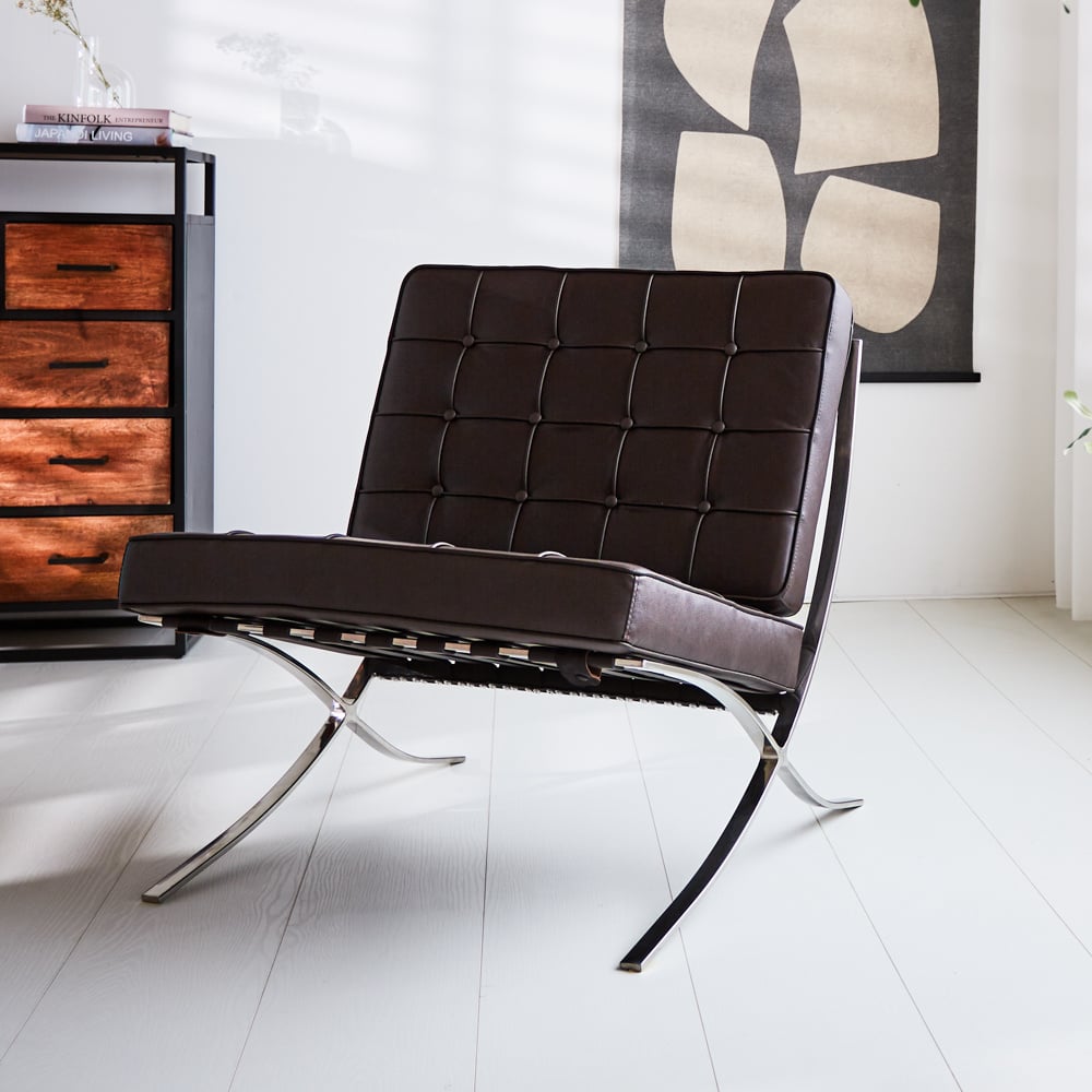 Armchair Expo Dimehouse Brown LxWxH 80x78x78 Cowhide leather Atmospheric photo diagonal front view