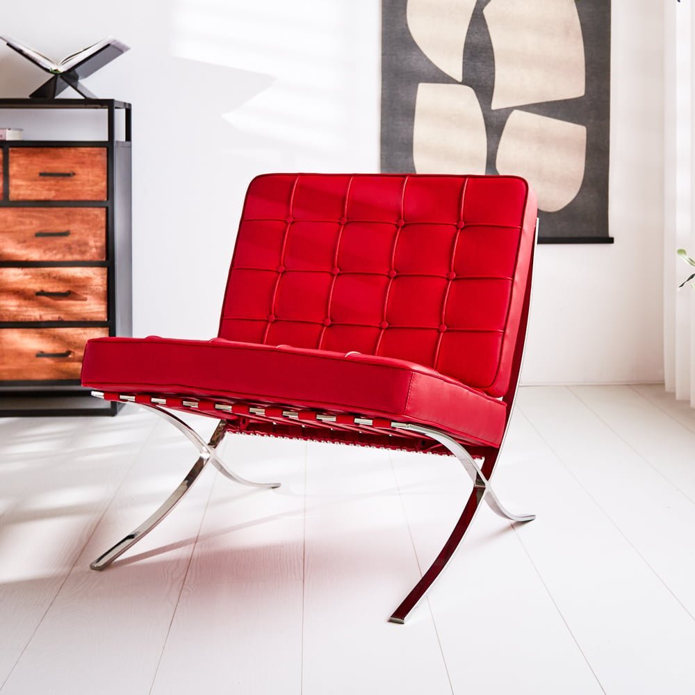Armchair Expo Dimehouse Red LxWxH 80x78x78 Cowhide Leather Atmospheric photo diagonal front view