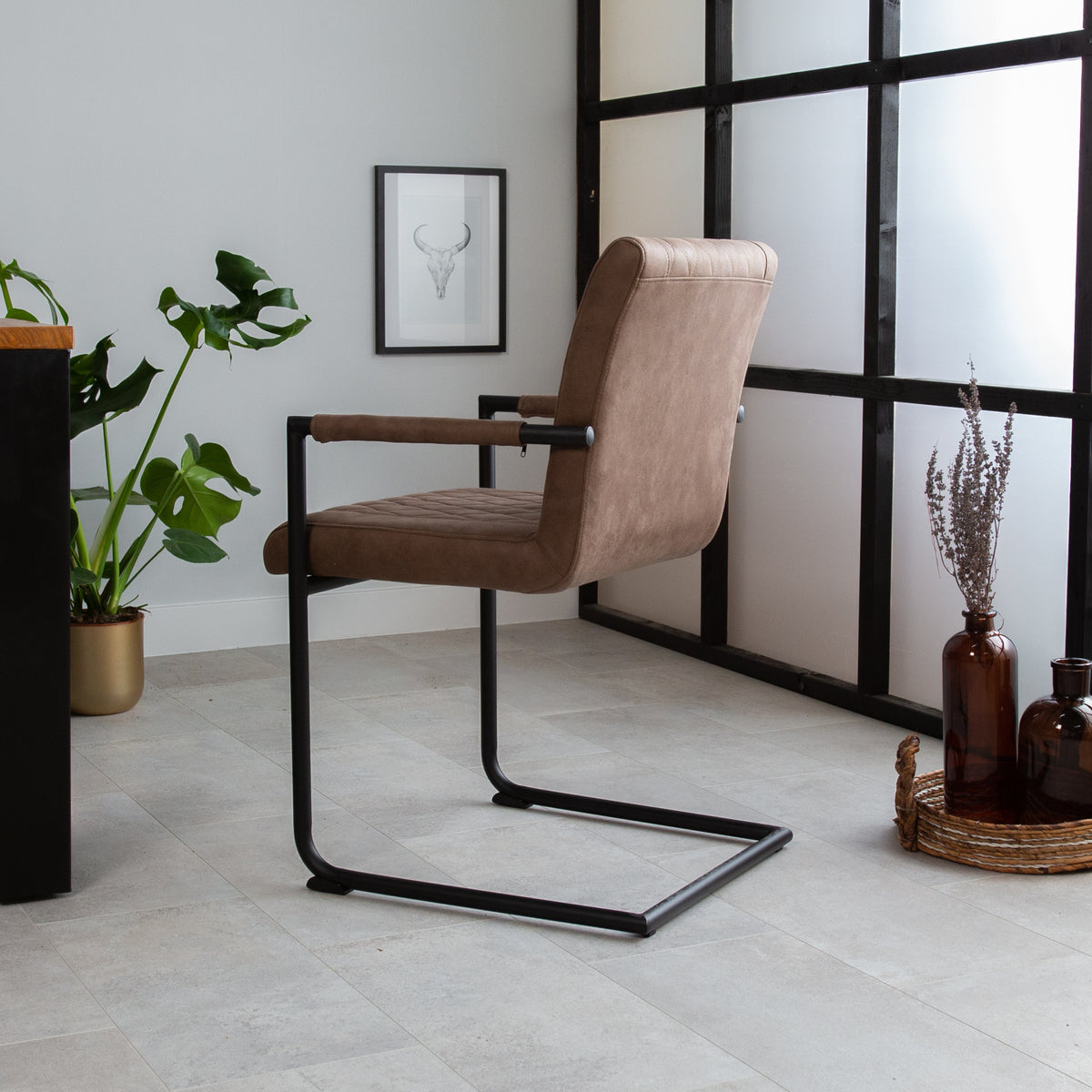 Dining room chair Dean Dimehouse Taupe LxWxH 70x58x57 Fabric Atmospheric photo diagonal rear view