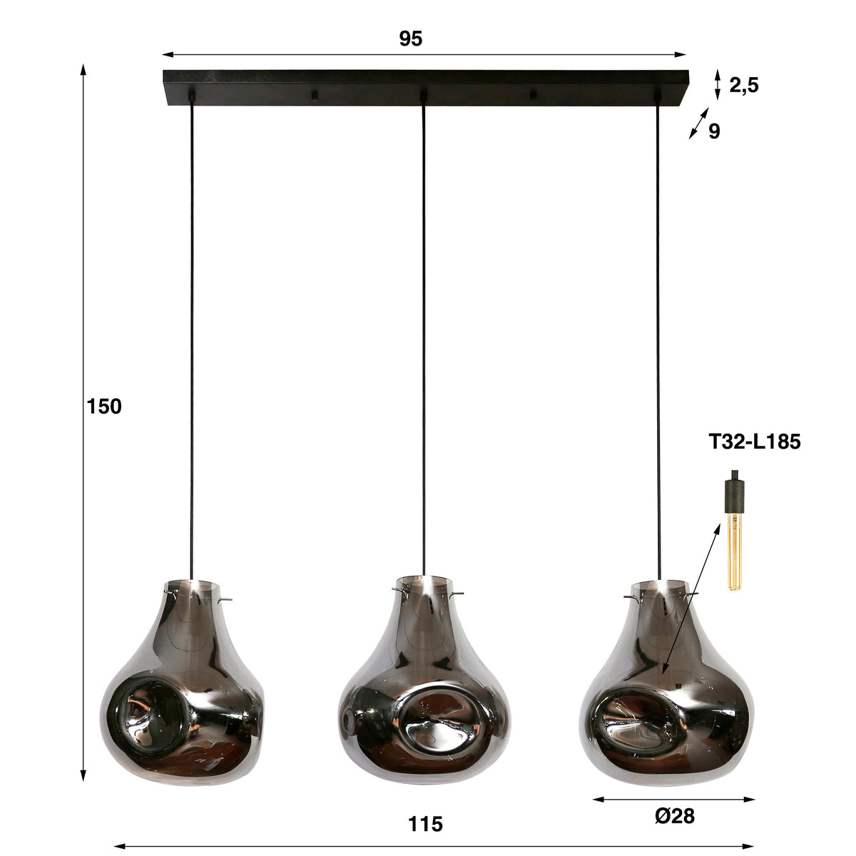 Hanging lamp Denissia DH Interior Black LxWxH 106x47x39 Metal White photo size indication