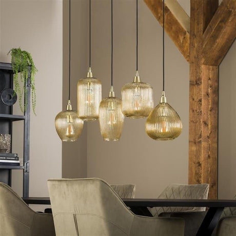 Hanging lamp Ella DH Interior Amber color glass LxWxH 127x48x27 Amber color glass Atmospheric photo diagonal front view