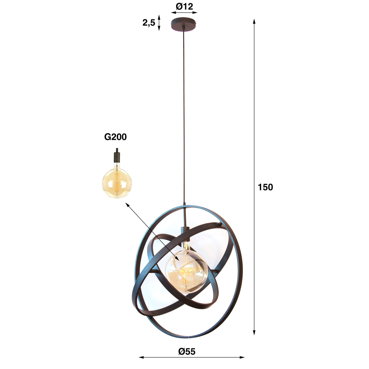 Hanging lamp Diana DH Interior Black LxWxH 67x67x17 Metal White photo size indication