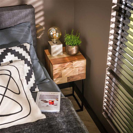 Bedside table Anna-Sophie DH Interior Acacia LxWxH 44x35x28 Acacia wood Atmospheric photo diagonal front view