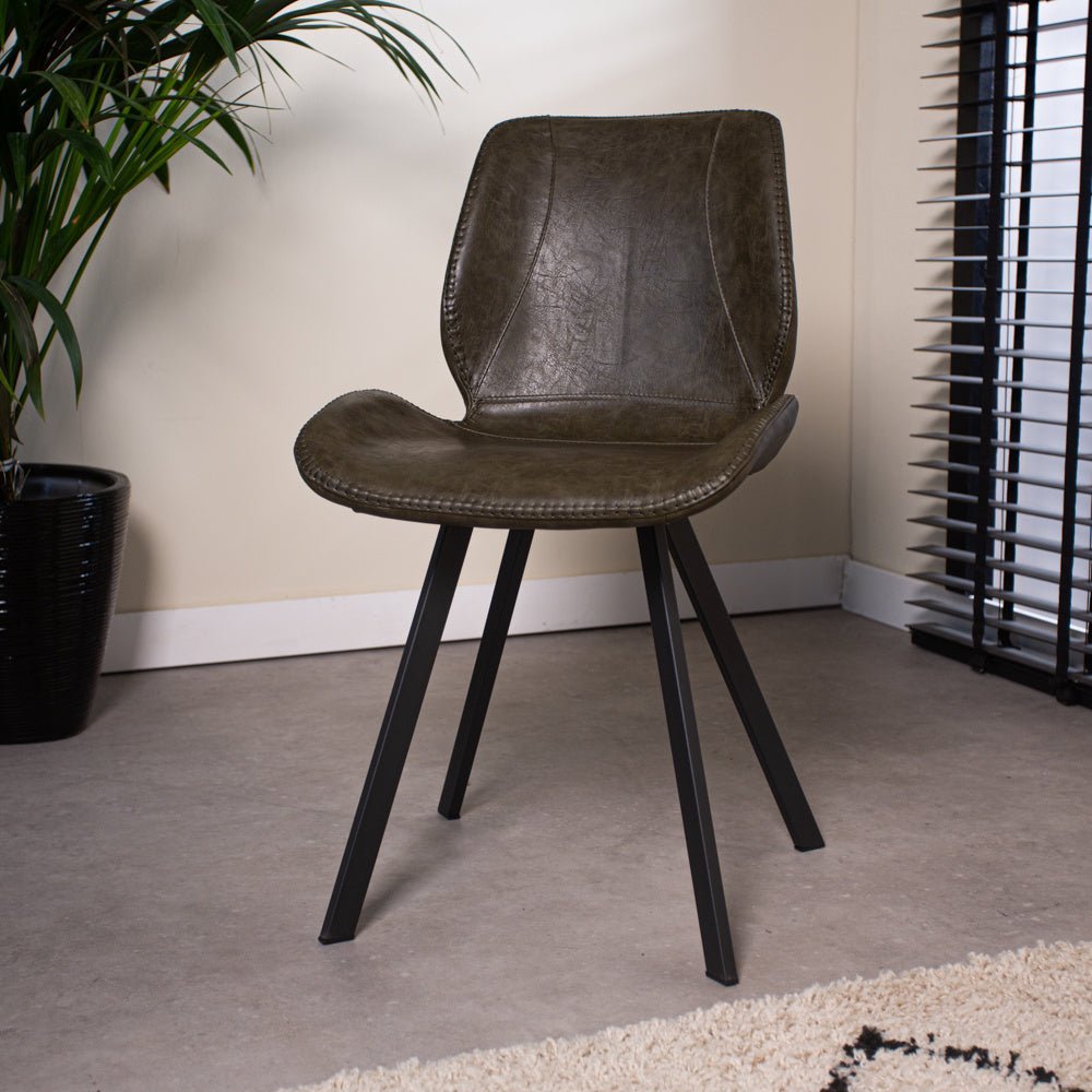 Dining room chair Barry Dimehouse Green LxWxH 69x66x48 Faux leather Atmospheric photo diagonal front view