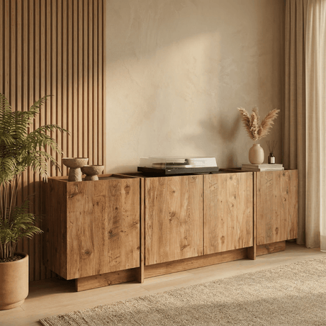 Sideboards - Sideboard Japandi oak look melamine anthracite Lowen 180x45x80 cm - Dimehouse