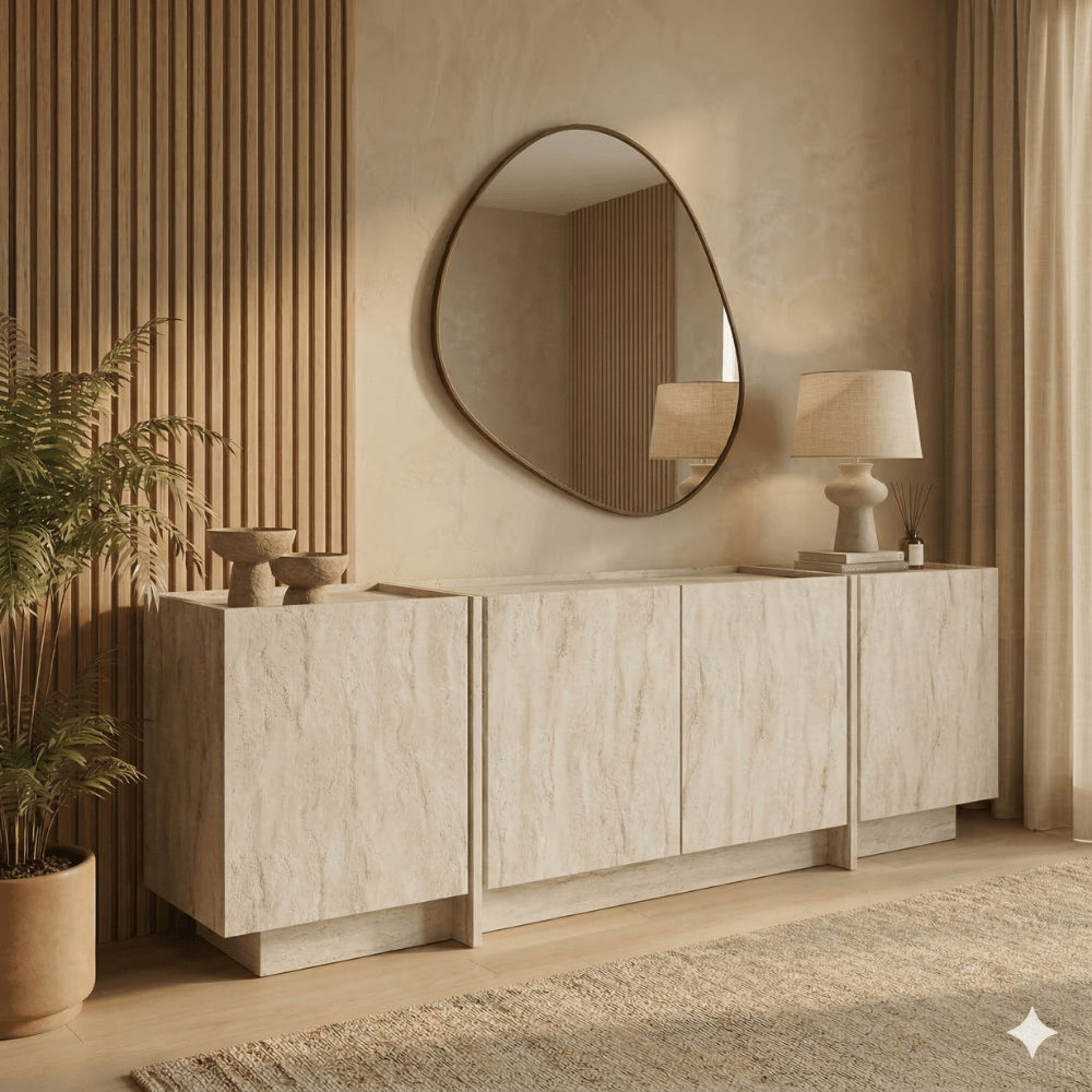 Sideboards - Sideboard Japandi travertine melamine Lowen 180x45x80 cm - Dimehouse