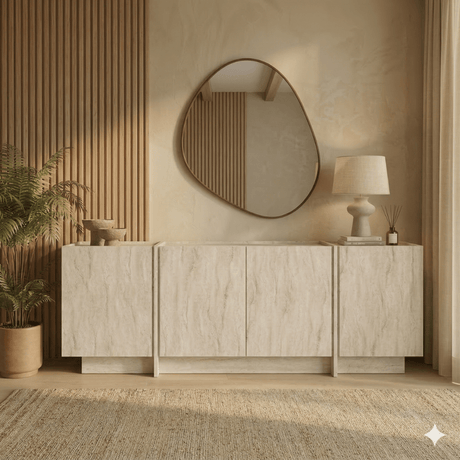 Sideboards - Sideboard Japandi travertine melamine Lowen 180x45x80 cm - Dimehouse