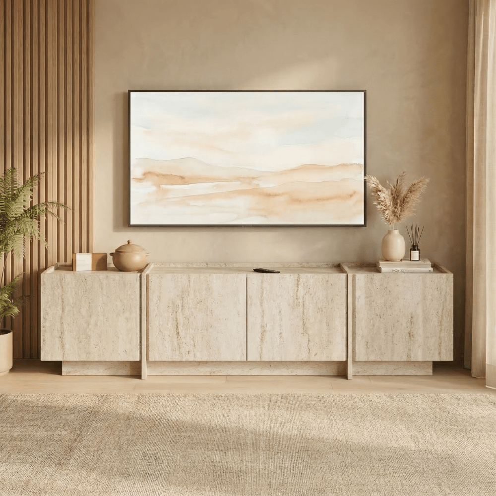 TV Furniture - TV - furniture Japandi travertine melamine Lowen 180 cm - Dimehouse