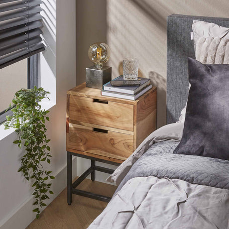 Bedside table Lou DH Interior Acacia LxWxH 46x40x36 Acacia wood Atmospheric photo diagonal front view