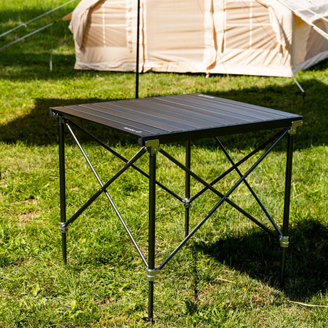 Camping table Foldable aluminum 72x65x51 cm Dimehouse Black LxWxH 81x18x18 Aluminum Atmospheric photo diagonal front view