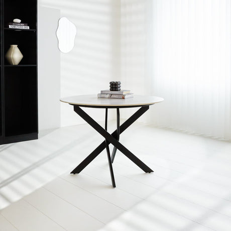 Dining table Vivian White Dimehouse White LxWxH 111x111x11 Sintered stone Atmospheric photo diagonal front view