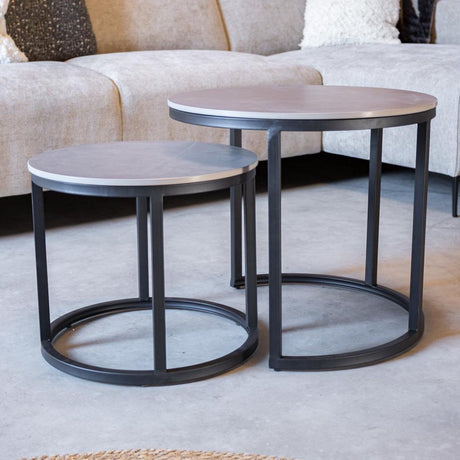 Coffee Tables - Round Coffee Table Set of 2 Sintered Stone Marble Look Paige Gray - Dimehouse