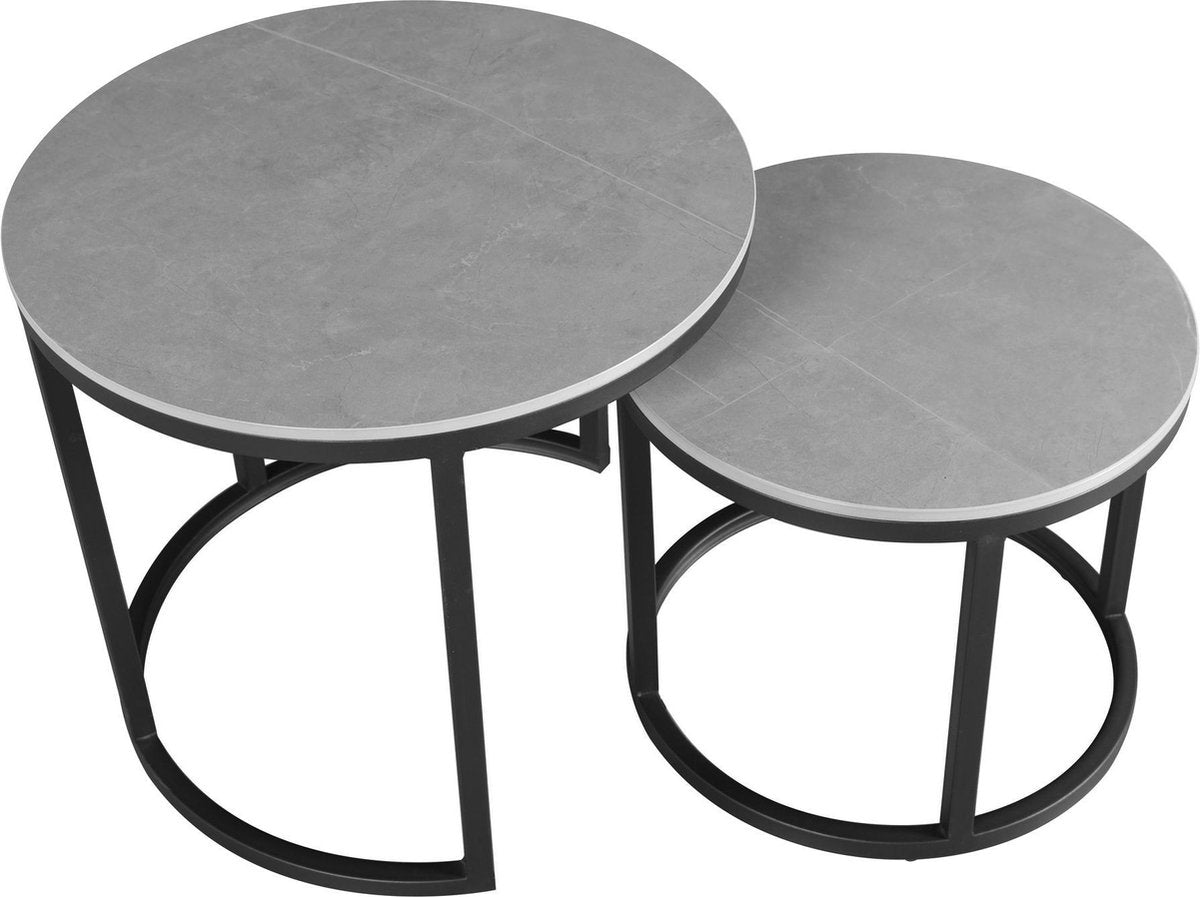 Coffee Tables - Round Coffee Table Set of 2 Sintered Stone Marble Look Paige Gray - Dimehouse