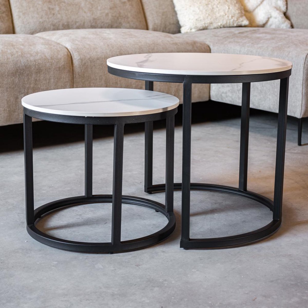 Coffee Tables - Round Coffee Table Set of 2 Sintered Stone Marble Look Paige White - Dimehouse