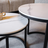 Coffee Tables - Round Coffee Table Set of 2 Sintered Stone Marble Look Paige White - Dimehouse