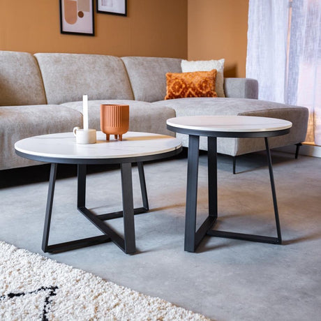 Coffee Tables - Coffee Table Set of 2 Tanner Round Marble Look White - Dimehouse