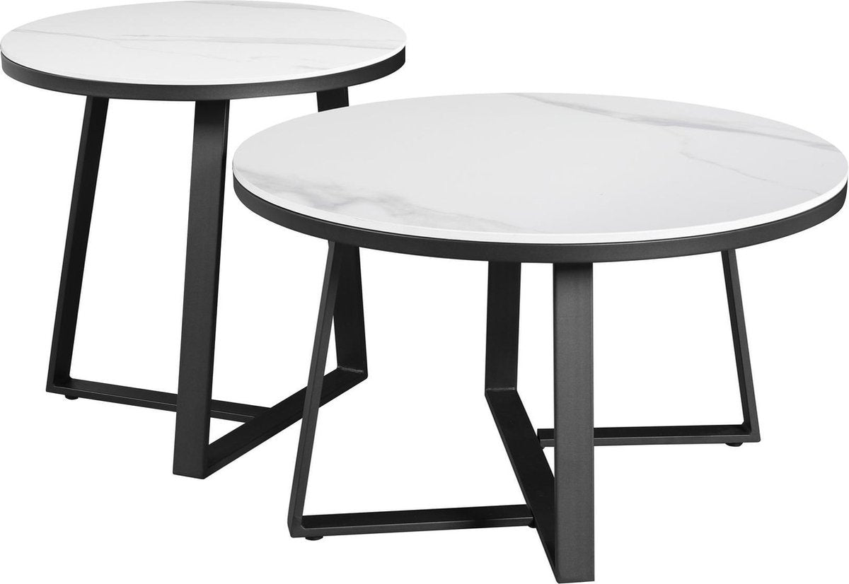 Coffee Tables - Coffee Table Set of 2 Tanner Round Marble Look White - Dimehouse