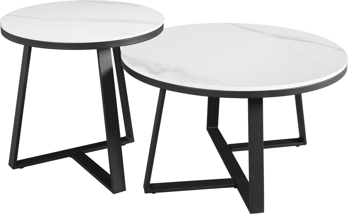 Coffee Tables - Coffee Table Set of 2 Tanner Round Marble Look White - Dimehouse