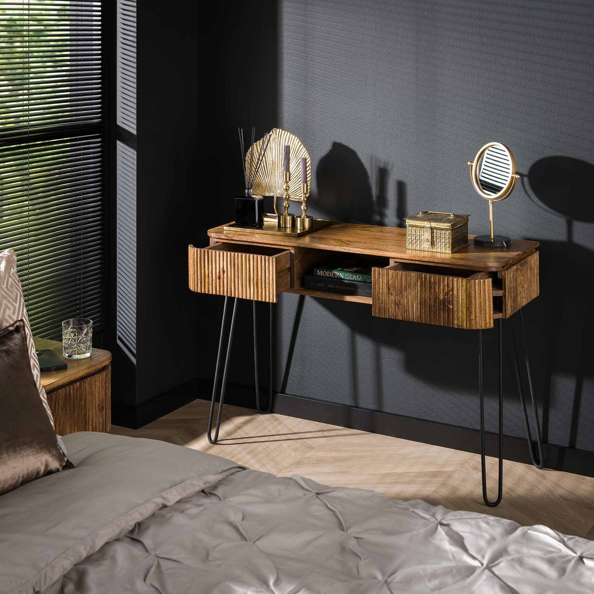 Dressing table Maria DH Interior Mango LxWxH 116x47x29 Mango wood Atmospheric photo diagonal front view