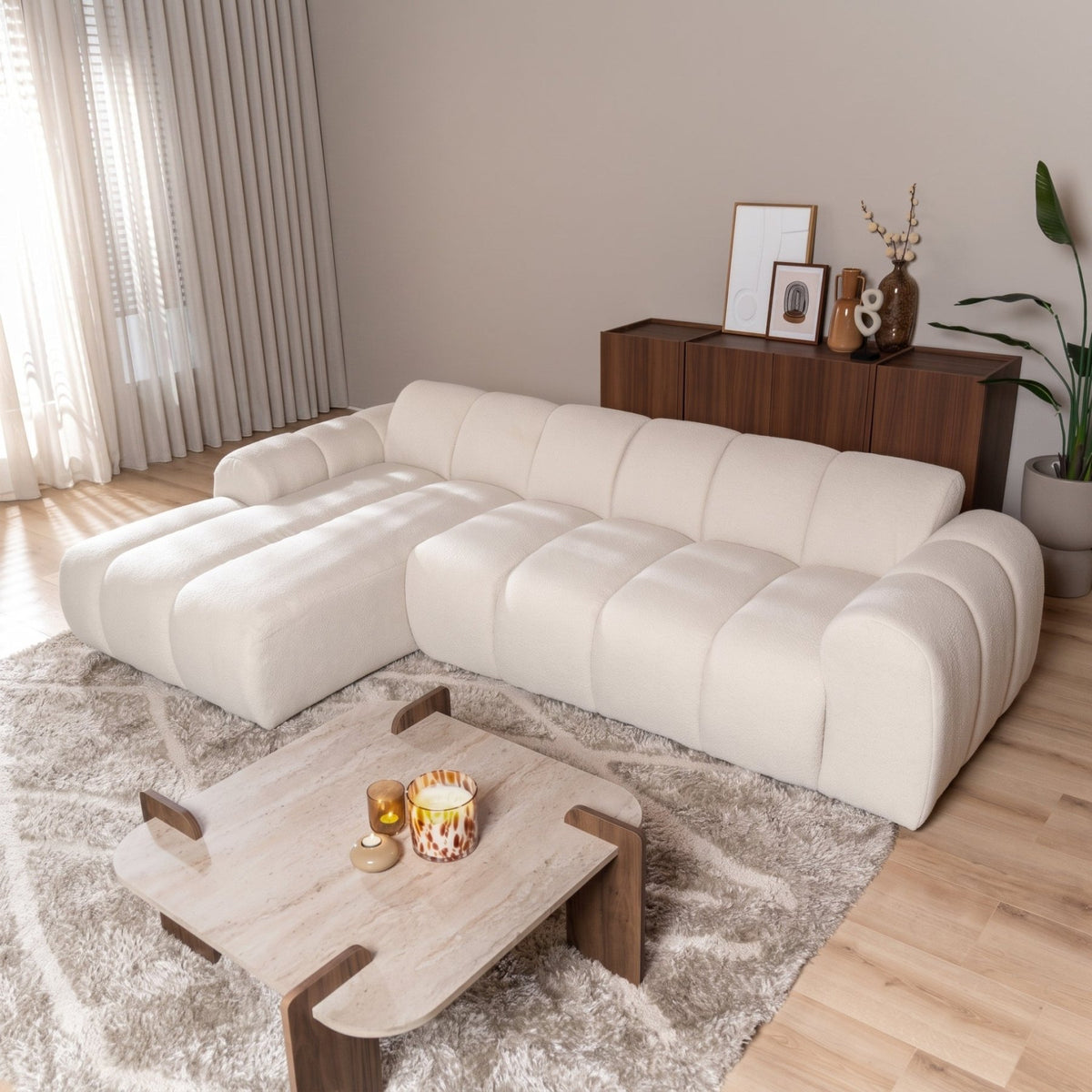 Sofas-Corner sofa with lounge beige velvet textured fabric - stripes - left - Brix-Dimehouse