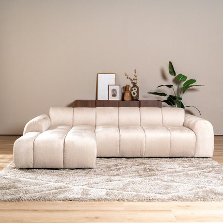 Sofas-Corner sofa with lounge beige velvet textured fabric - stripes - left - Brix-Dimehouse