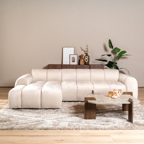 Sofas-Corner sofa with lounge beige velvet textured fabric - stripes - left - Brix-Dimehouse