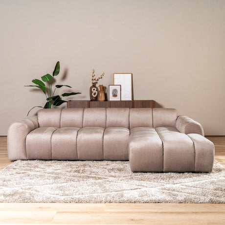 Sofas-Corner sofa with lounge sand velvet textured fabric - stripes - right - Brix-Dimehouse
